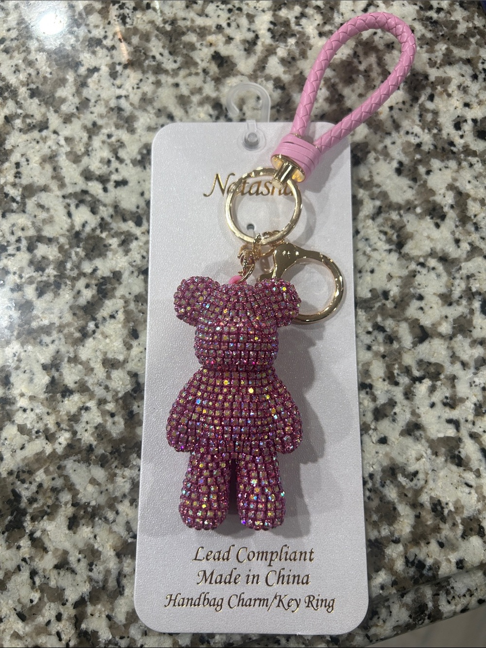 Pink Crystal Teddy Bear Keyring with Braided Loop